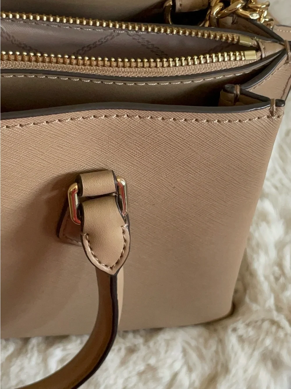 NWT Michael Kors Taupe Saffiano Leather Satchel with Gold Hardware.